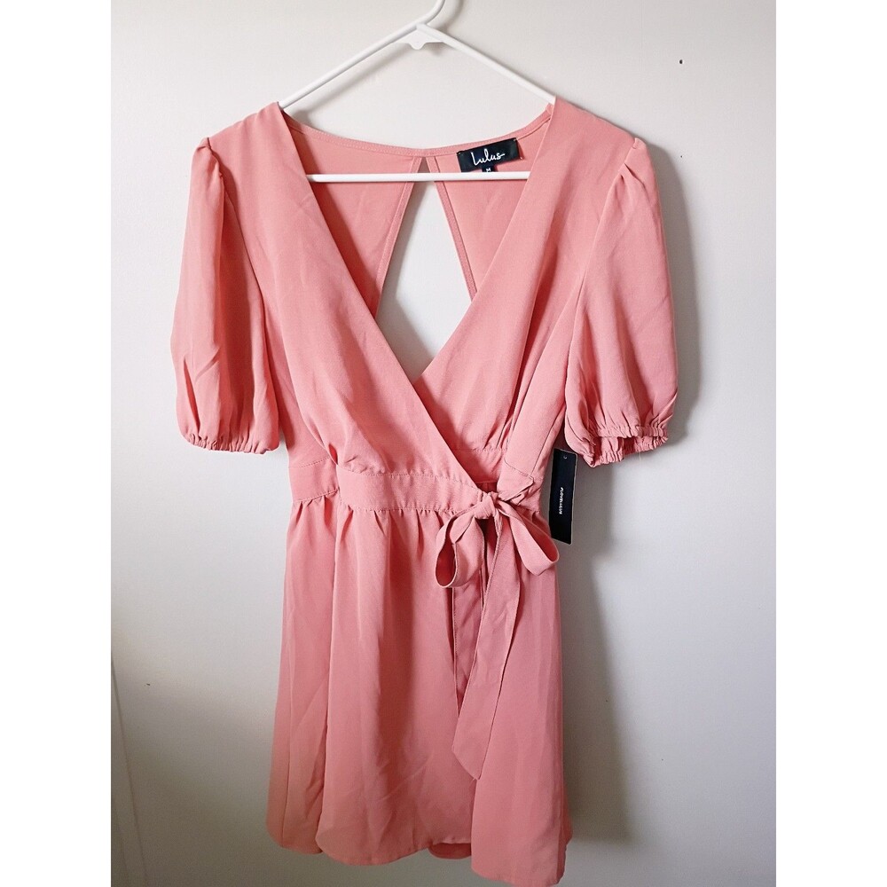 Lulu's Rusty Rose Puff Sleeves Wrap Mini Dress M